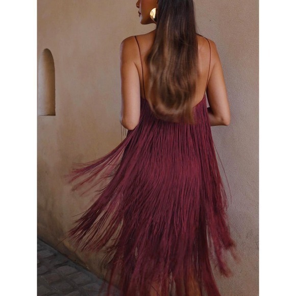 COMMENSE Florence Fringed Open Back Short Dress Burgundy size L/8-10 - Picture 4 of 7